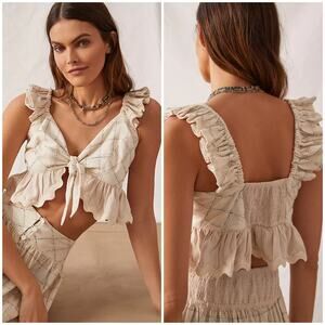 Anthropologie Raissa Tie Front Crop Top Small Cream Linen Check Ruffle Hem Boho